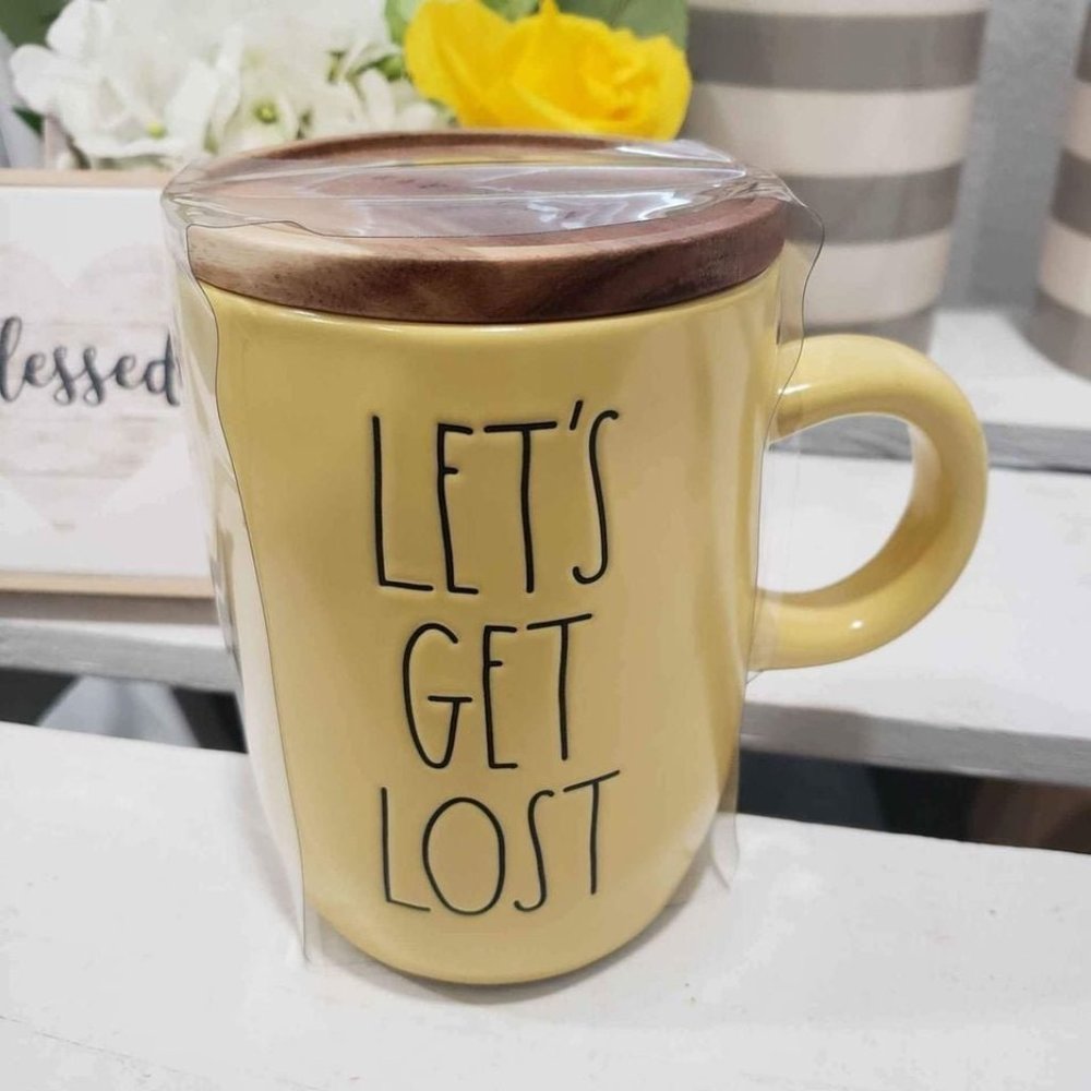 Rae Dunn "LET"S GET LOST" Yellow Mug & Wooden Lid Warmer Collection